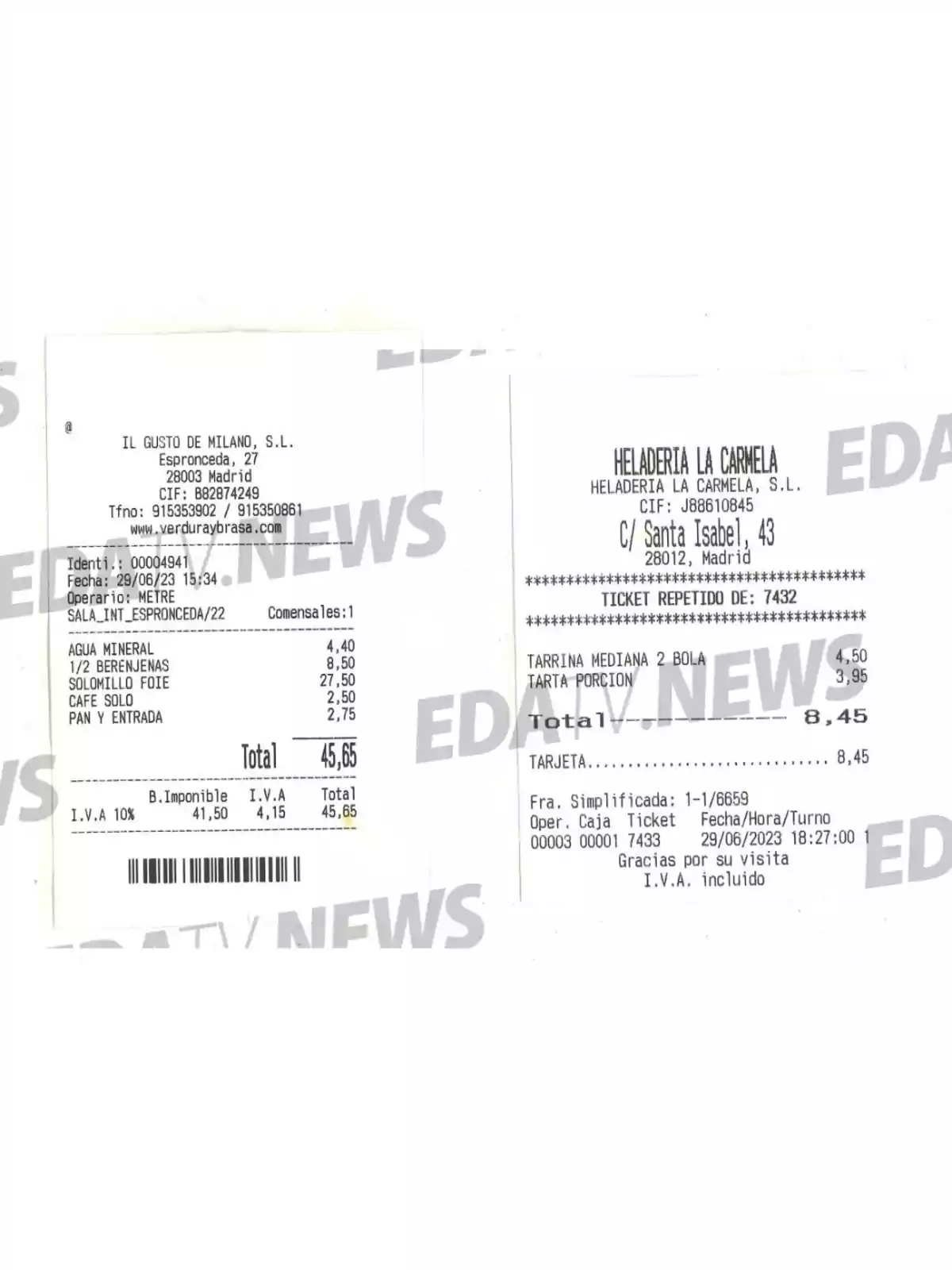 Dos tickets de compra de establecimientos en Madrid, uno de un restaurante con un total de 45,65 euros y otro de una heladería con un total de 8,45 euros, ambos con detalles de productos adquiridos y fechas visibles Dos tickets de compra de establecimientos en Madrid, uno de un restaurante con un total de 45,65 euros y otro de una heladería con un total de 8,45 euros, ambos con detalles de productos adquiridos y fechas visibles
