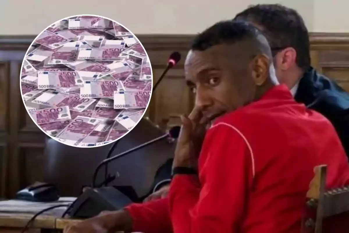 Hombre con chaqueta roja sentado en una sala mirando hacia atrás mientras se toca la nariz con un círculo que muestra muchos billetes de 500 euros superpuestos