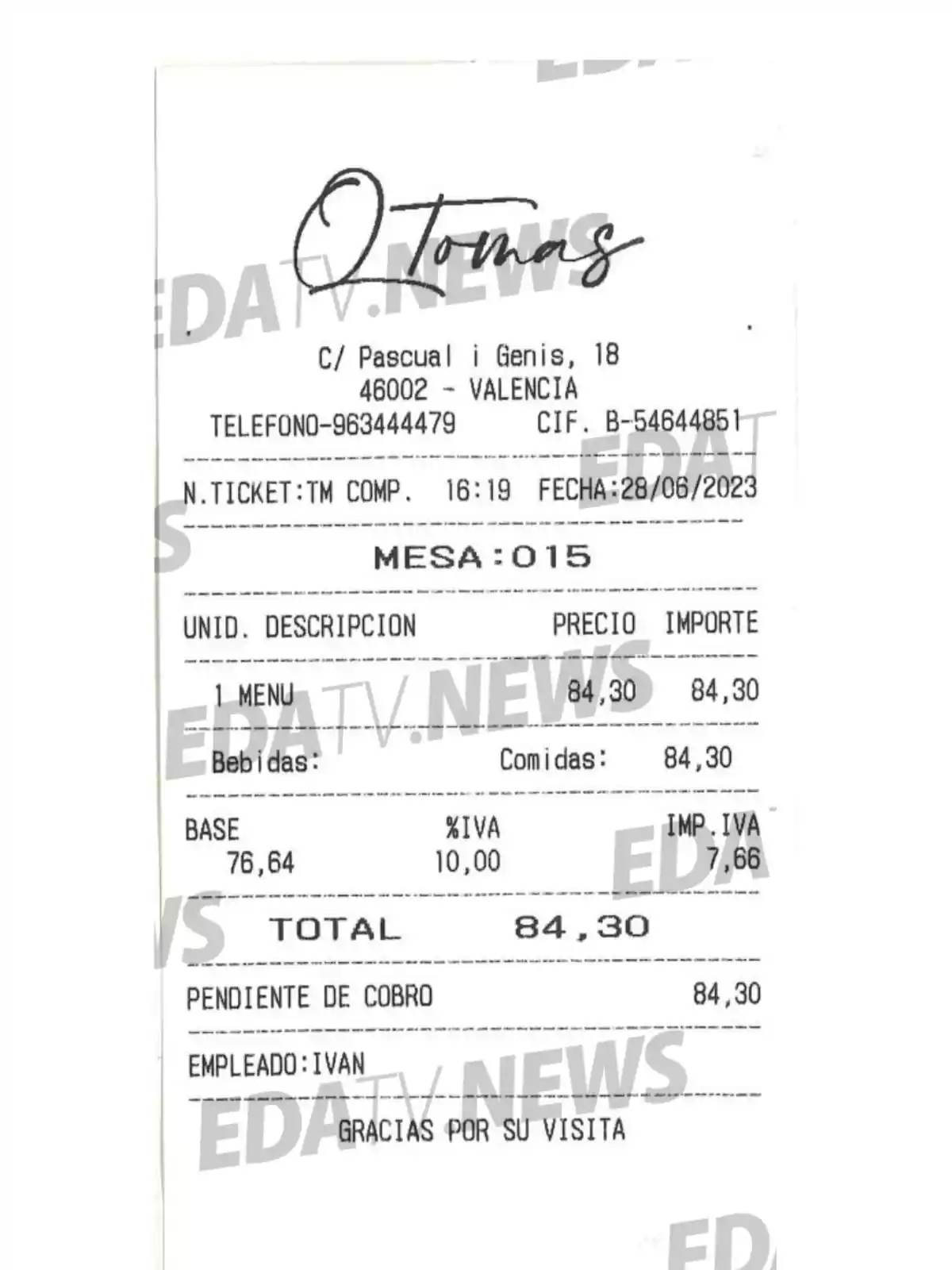 Ticket de restaurante O Tomas en Valencia con un menú consumido por un total de 84,30 euros atendido por el empleado Iván Ticket de restaurante O Tomas en Valencia con un menú consumido por un total de 84,30 euros atendido por el empleado Iván
