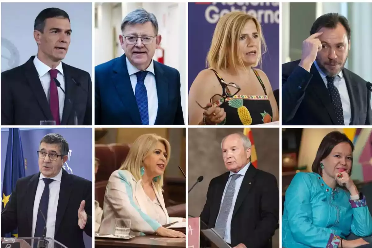 Ocho personas diferentes, cuatro hombres y cuatro mujeres, aparecen en retratos individuales organizados en dos filas, todos vestidos de manera formal o semiformal y participando en diferentes contextos profesionales.