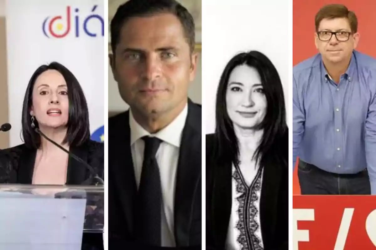 Cuatro personas posando en diferentes escenarios, dos mujeres y dos hombres, todos vestidos de manera formal o semiformal.