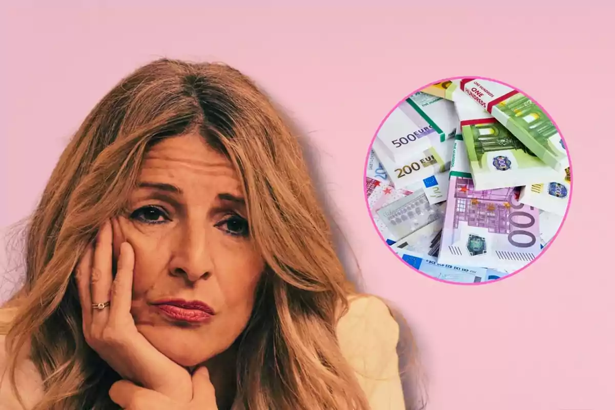 Mujer con expresión preocupada apoyando la cara en la mano y un círculo con billetes de euro al fondo sobre un fondo rosa