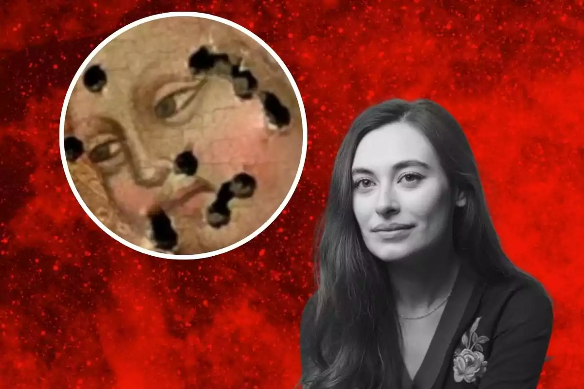 Una mujer joven en blanco y negro aparece sobre un fondo rojo con una imagen circular de una pintura antigua dañada en la parte superior izquierda.
