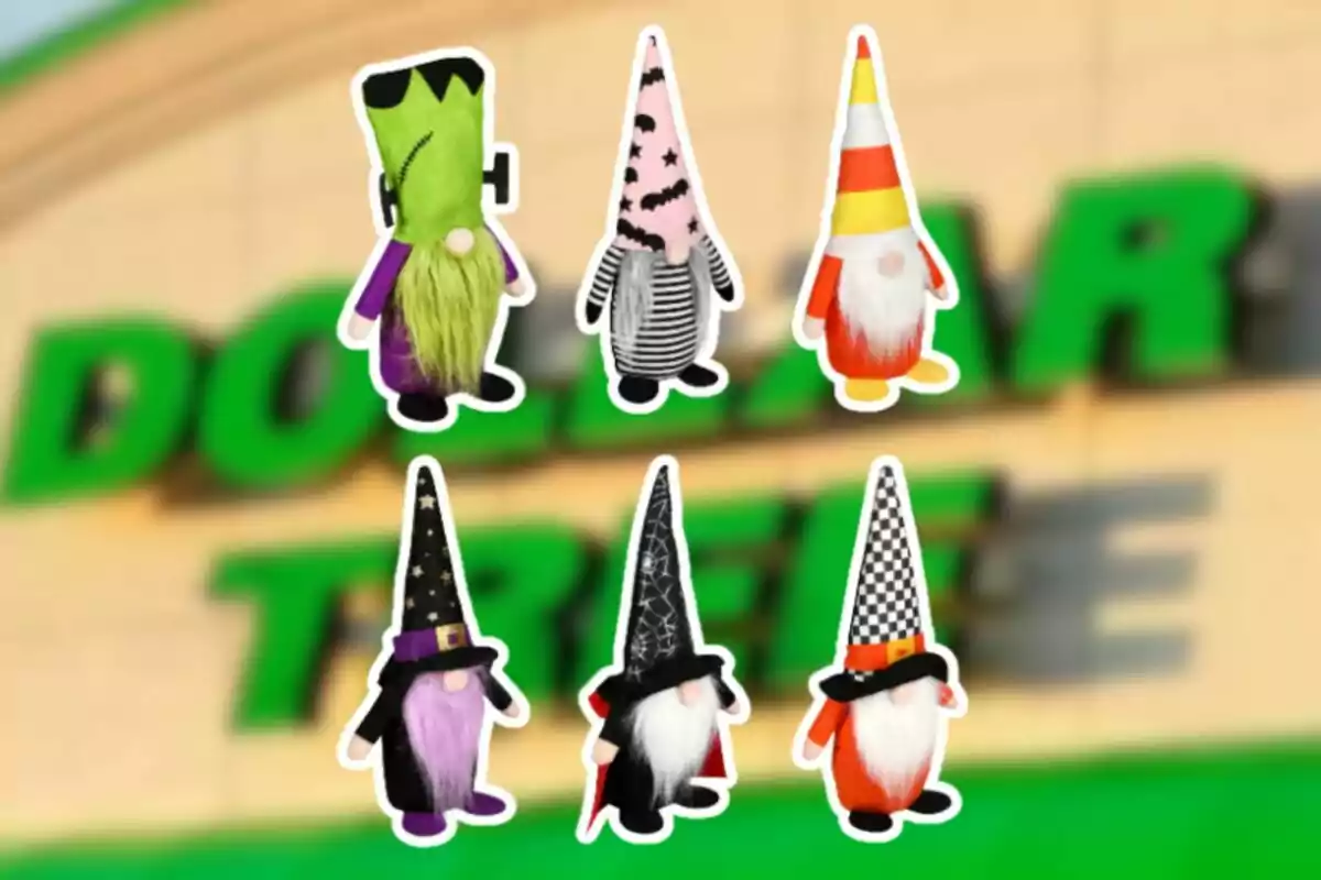 Six gnome dolls in Halloween costumes against a blurry background of a Dollar Tree store