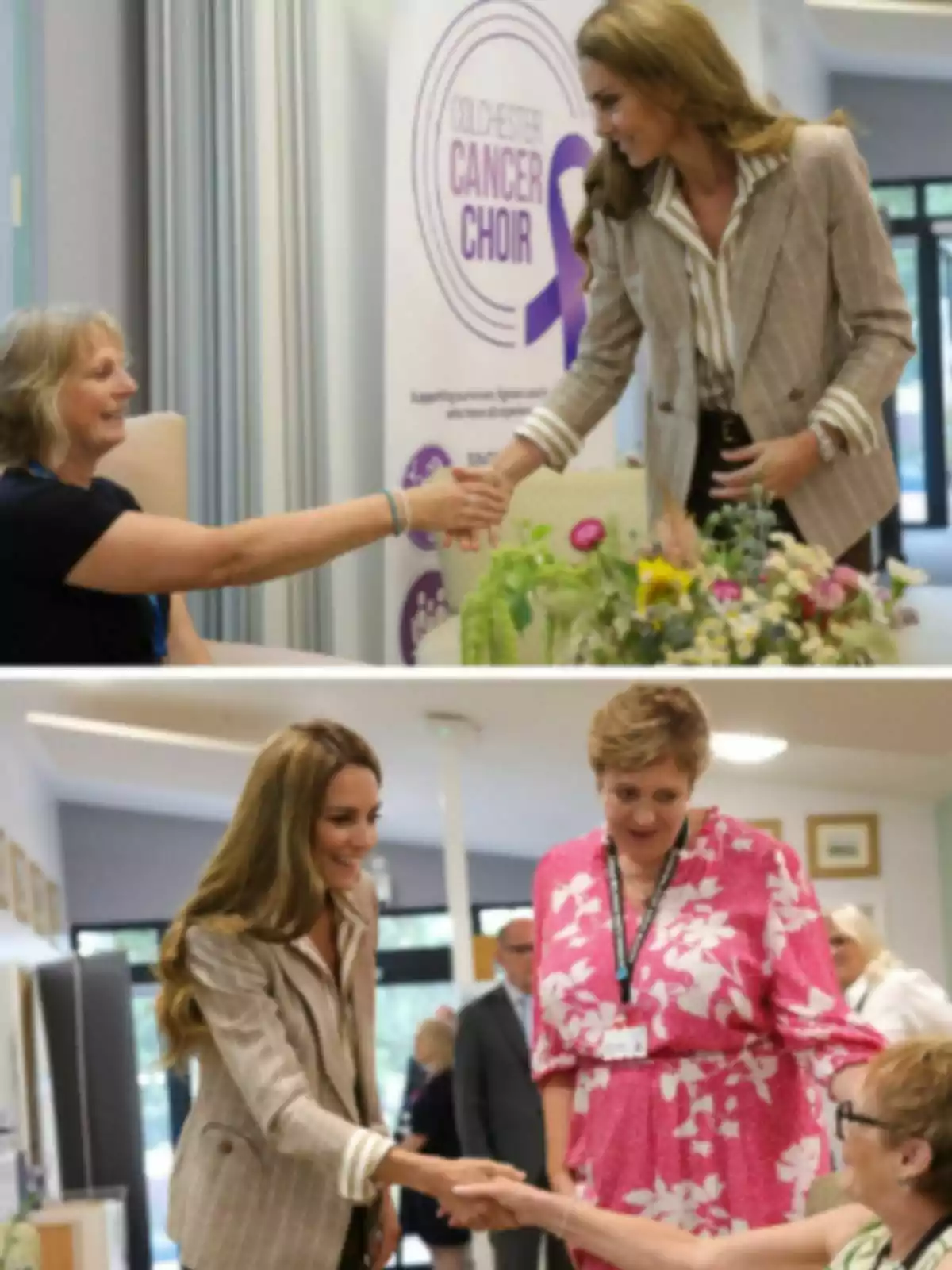Kate Middleton con chaqueta beige saluda y conversa con varias personas en un evento relacionado con un coro de apoyo a pacientes con cáncer. Kate Middleton con chaqueta beige saluda y conversa con varias personas en un evento relacionado con un coro de apoyo a pacientes con cáncer.