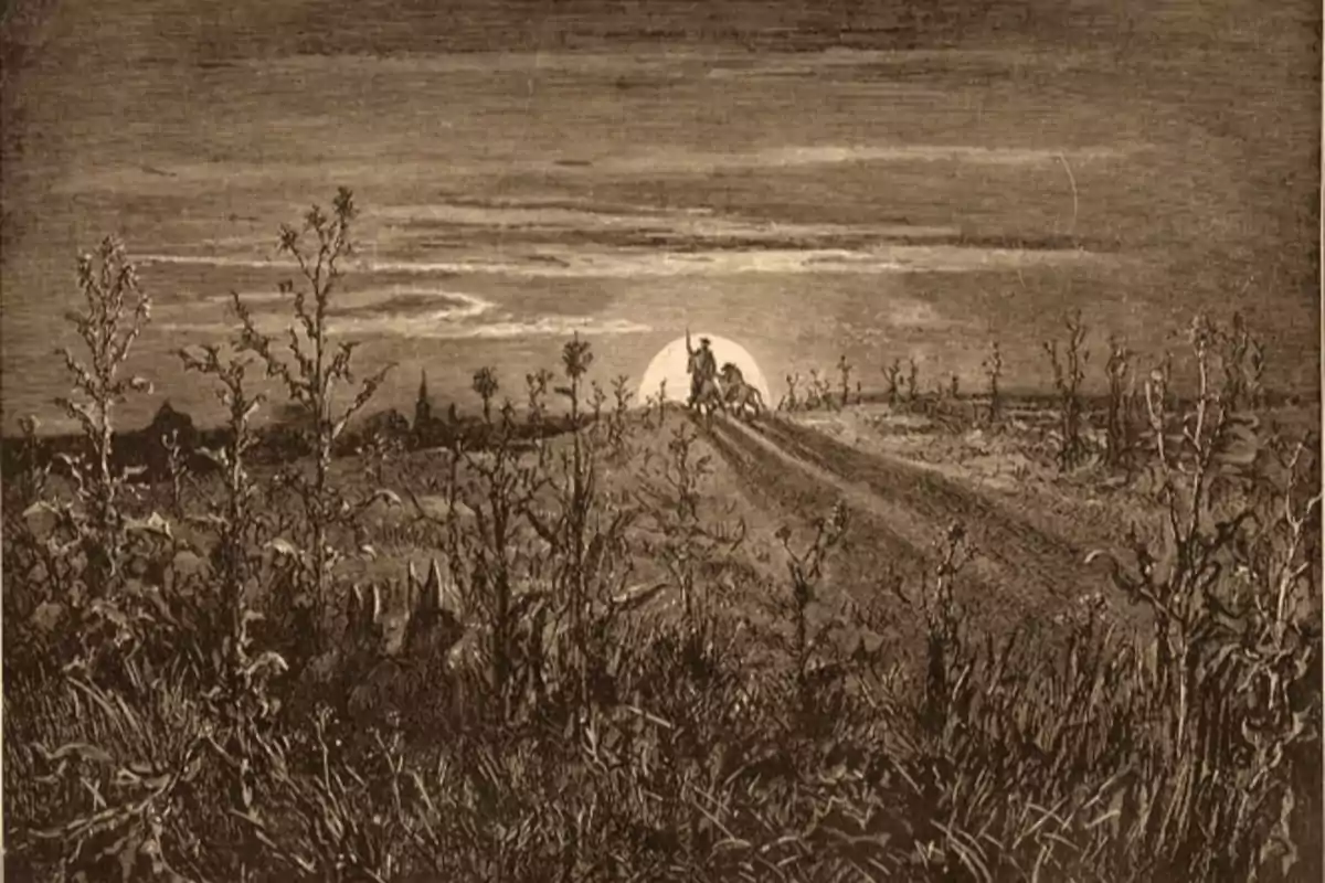 Un caballero montado en un caballo avanza por un camino al atardecer rodeado de vegetación y siluetas de plantas en primer plano
