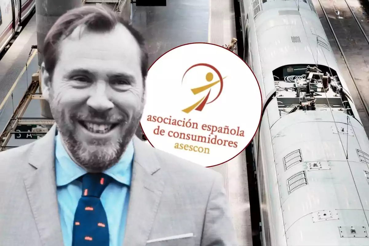 Un hombre sonriente con traje y corbata aparece en primer plano, al fondo se ve un tren en una estación y el logotipo de la Asociación Española de Consumidores