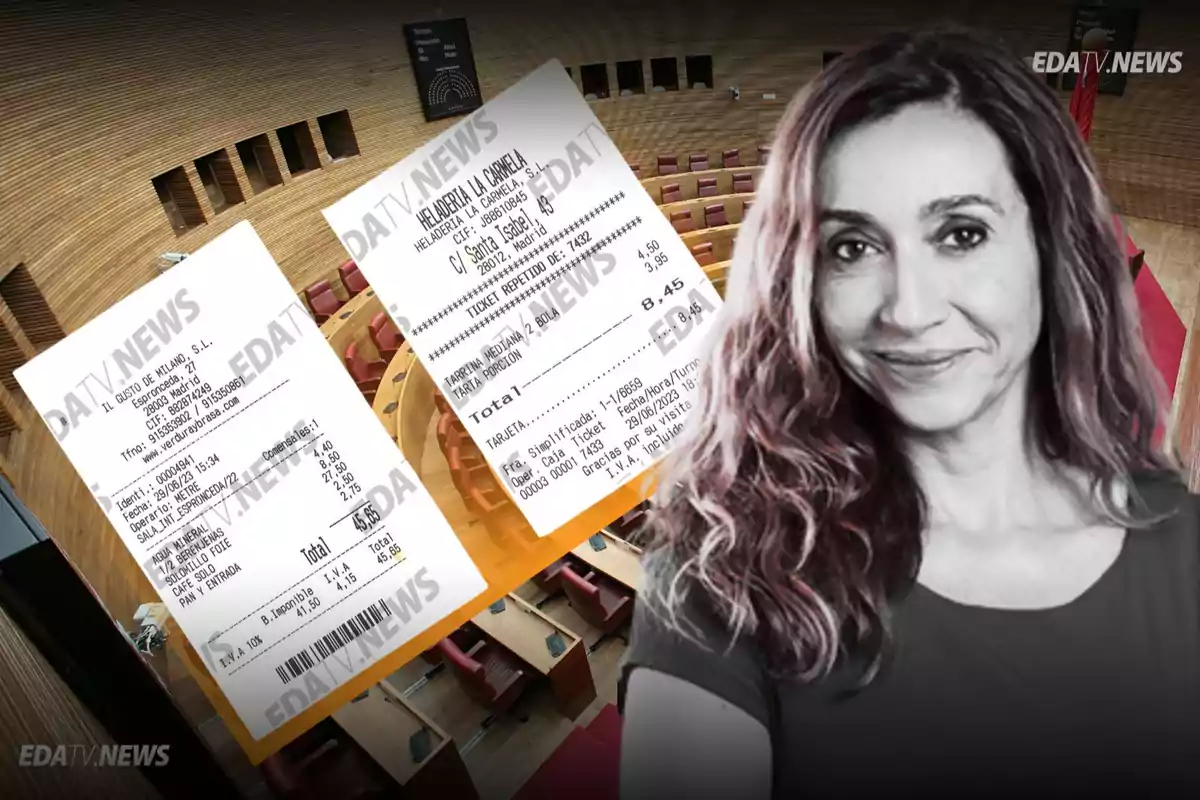 Una mujer sonriente en primer plano con dos recibos y un hemiciclo parlamentario de fondo