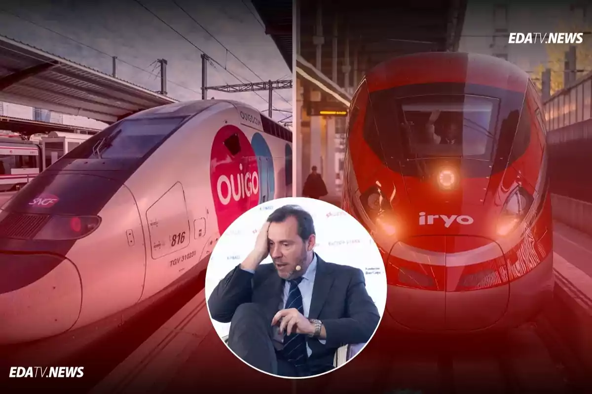 Dos trenes de alta velocidad de las compañías Ouigo e Iryo en una estación con la imagen de un hombre pensativo en primer plano