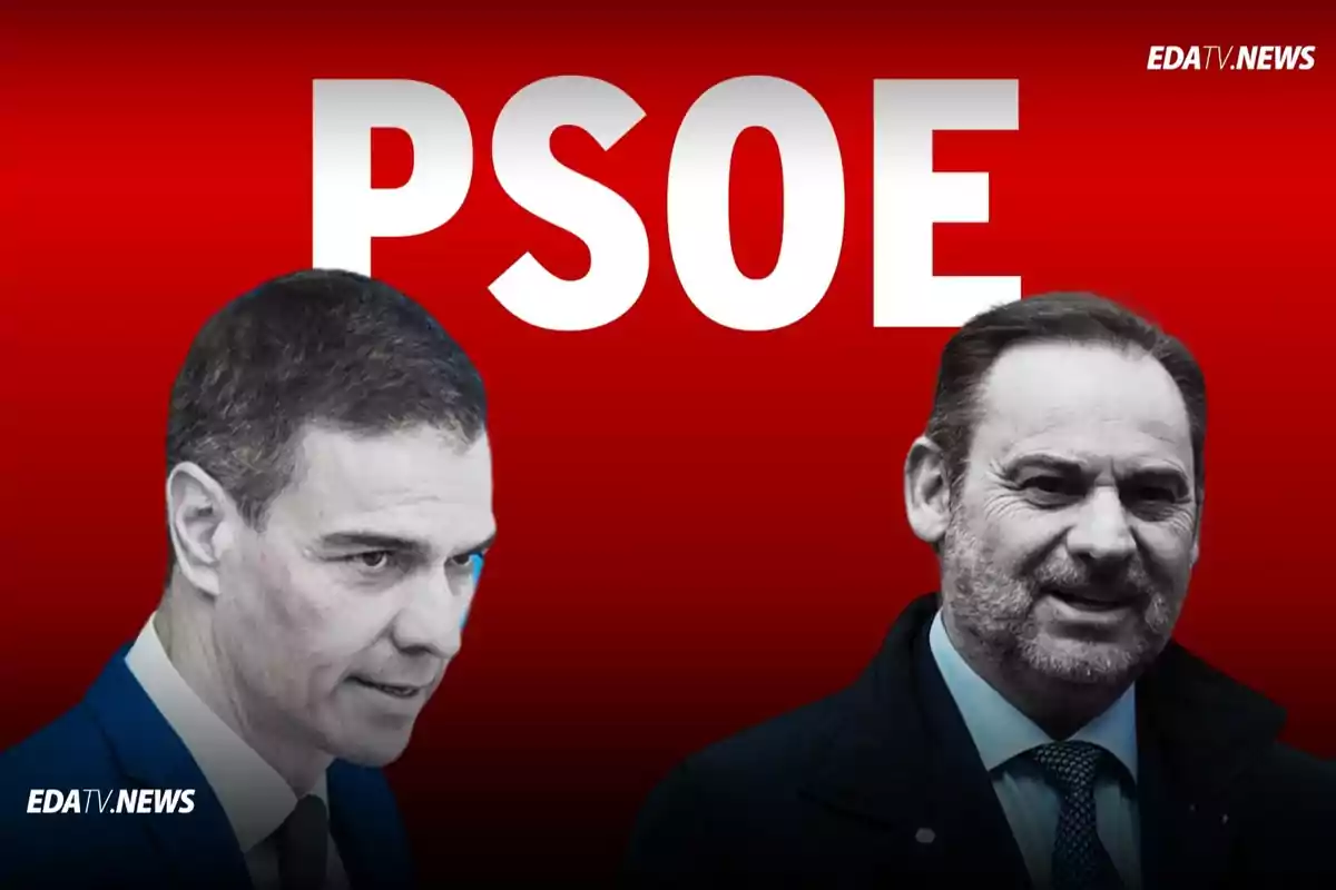 Dos hombres en primer plano con fondo rojo y la palabra PSOE en grande