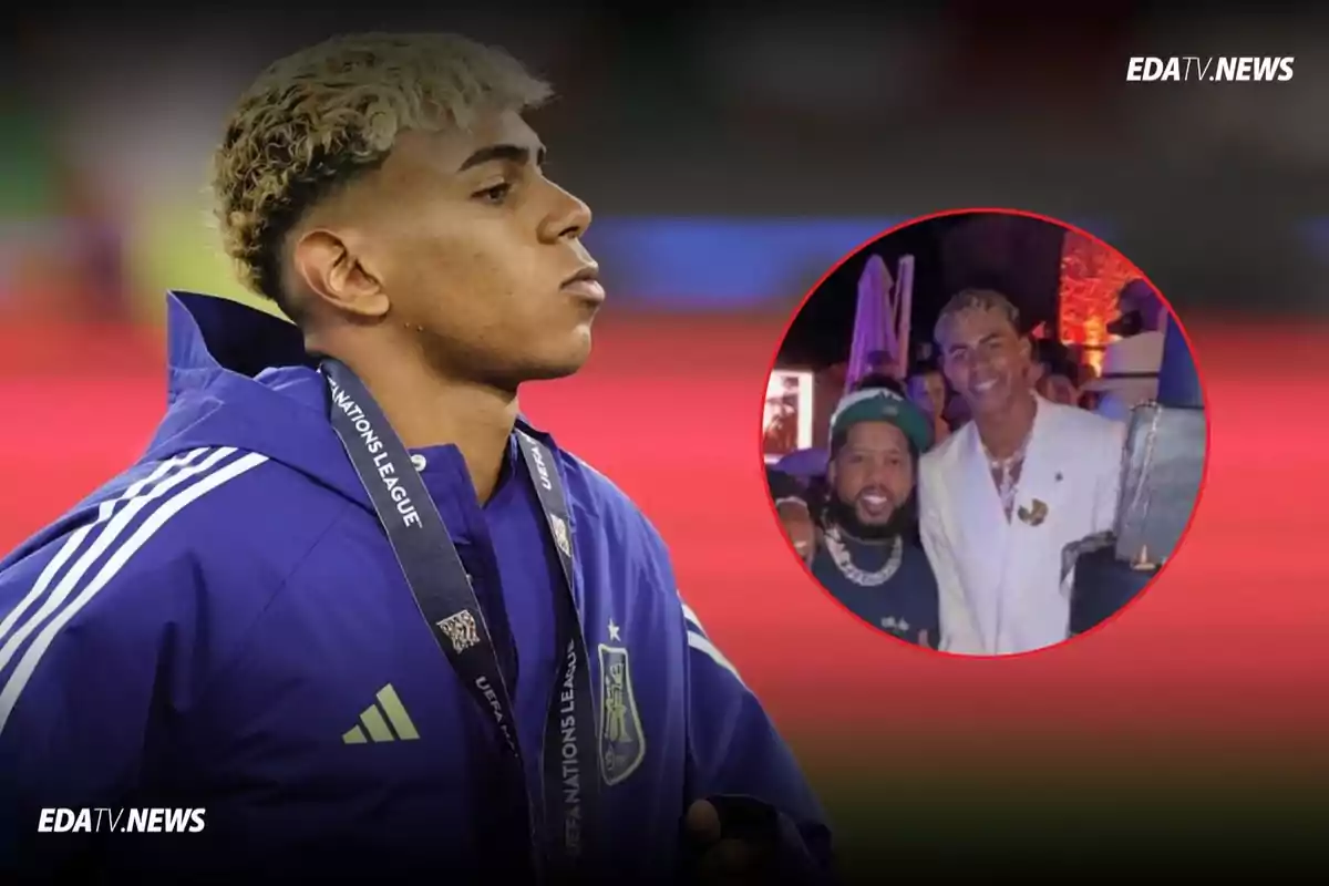 Un futbolista con medalla de la UEFA Nations League y una imagen insertada donde aparece en una fiesta junto a otra persona