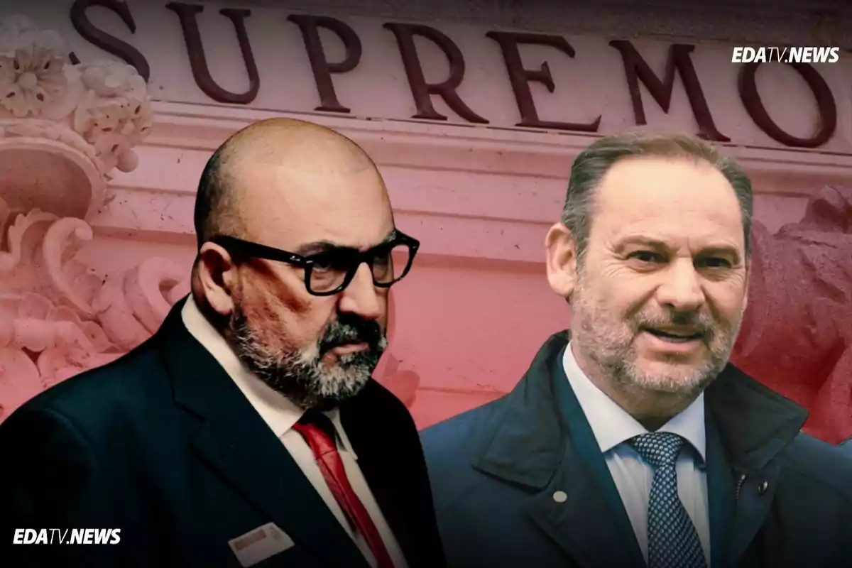 Dos hombres de traje en primer plano con el edificio del Tribunal Supremo de fondo