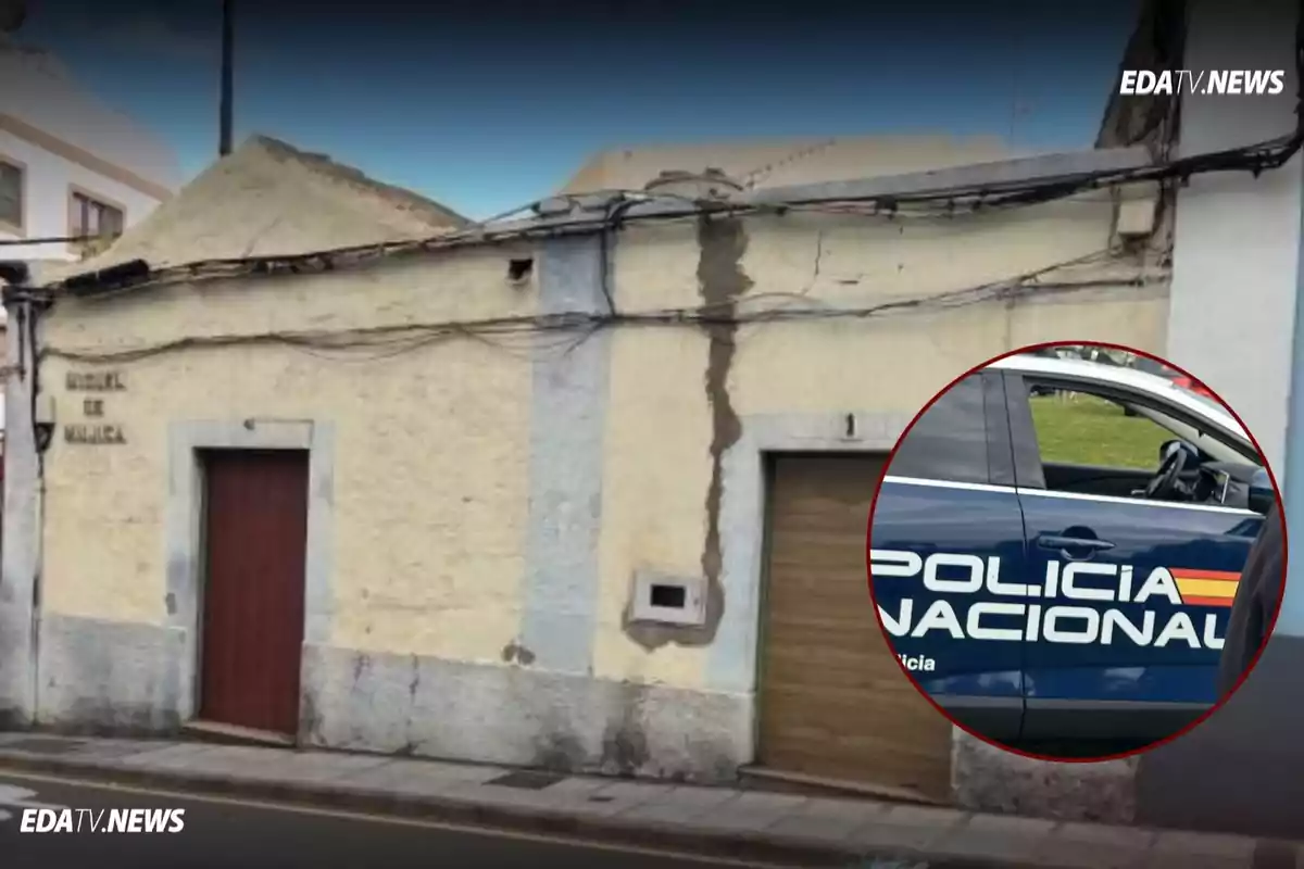 Fachada de una casa antigua con paredes desgastadas y una grieta visible, junto a un recuadro que muestra un coche de la Policía Nacional.