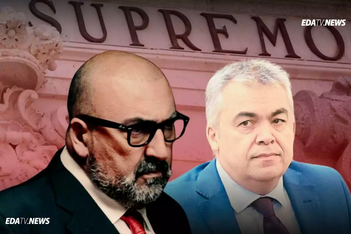 Dos hombres con traje y corbata en primer plano frente a un edificio con la palabra SUPREMO en la parte superior