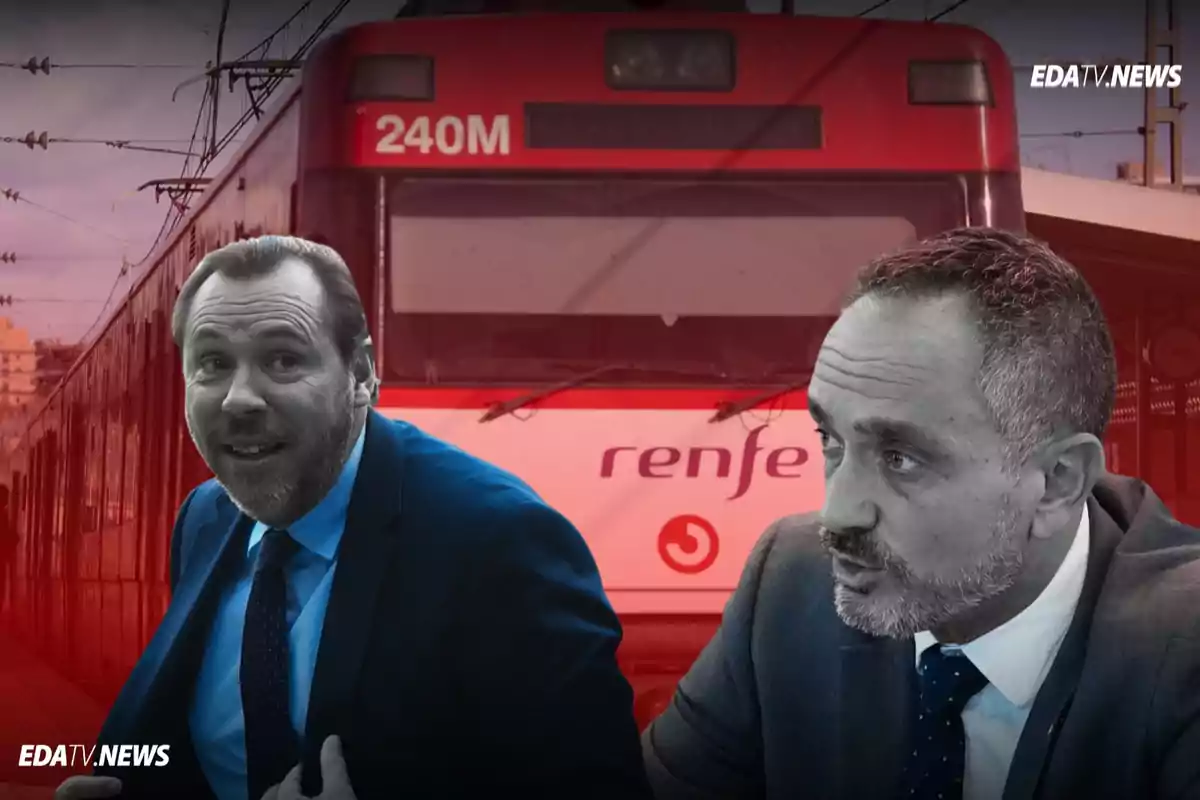 Dos hombres de traje en primer plano con un tren de Renfe de fondo y el logo de EDATV NEWS en las esquinas