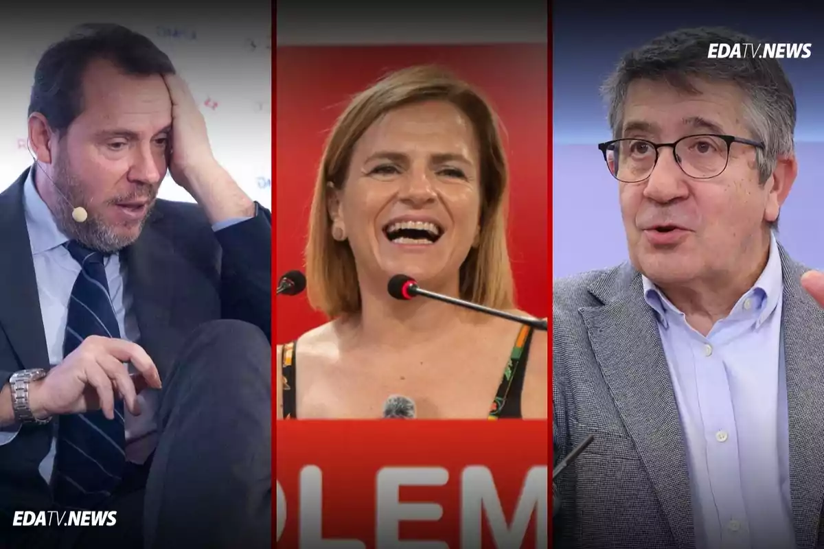 Tres personas en diferentes escenarios, un hombre con expresión preocupada, una mujer sonriendo frente a un micrófono y otro hombre hablando gesticulando con la mano