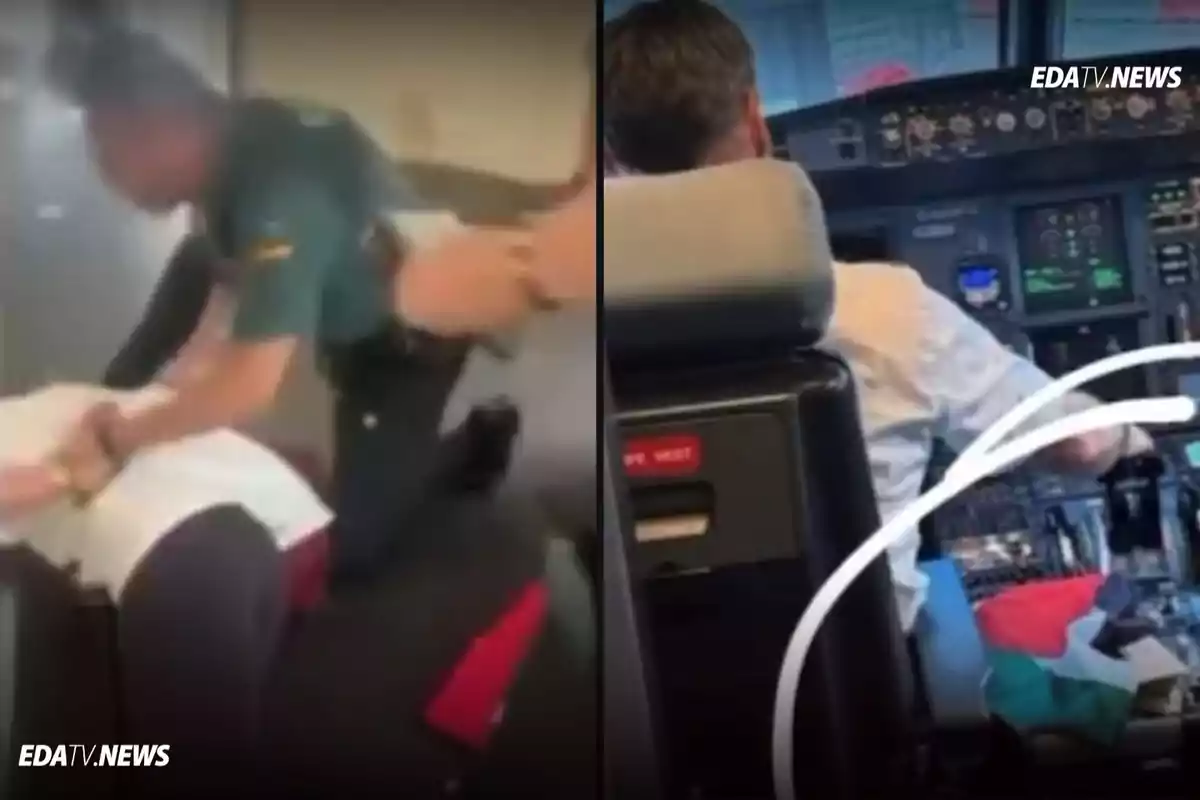 Un agente reduce a una persona en el suelo mientras en la otra mitad de la imagen se muestra a un piloto dentro de la cabina de un avión.