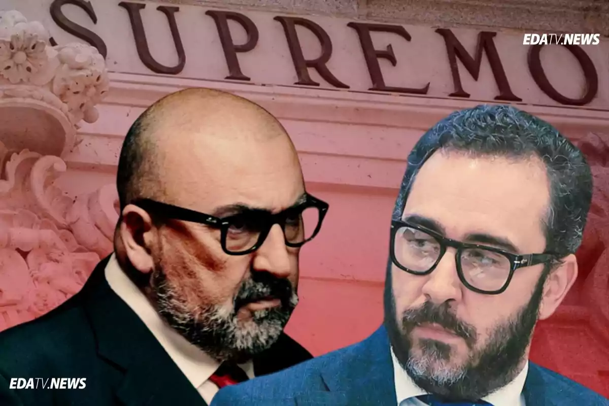 Dos hombres con gafas y barba en primer plano frente a un edificio con la palabra SUPREMO en la parte superior