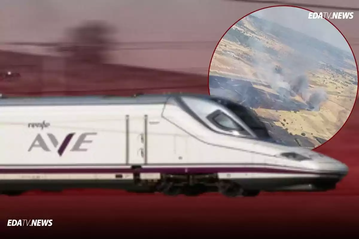 Tren AVE en movimiento con un recuadro que muestra un incendio en el campo