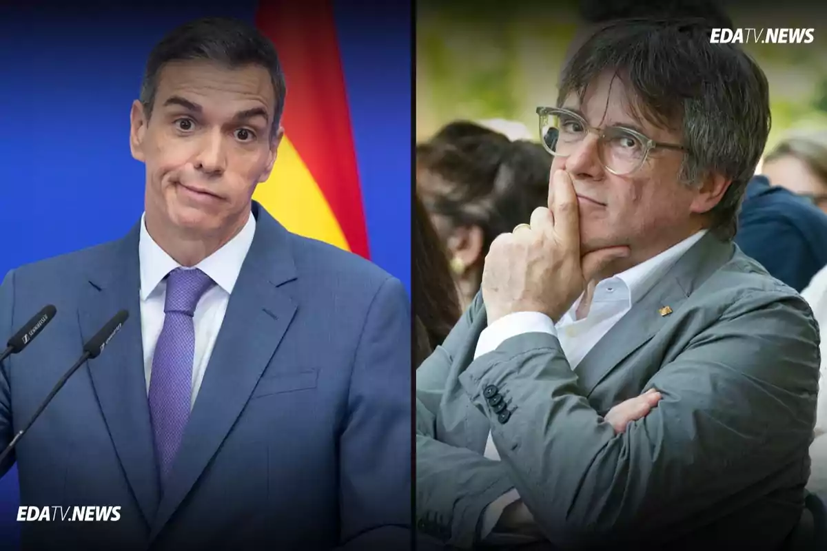 Dos hombres en primer plano, uno con traje azul y gesto de resignación frente a micrófonos y una bandera, el otro con gafas y chaqueta gris en actitud pensativa con la mano en el rostro.