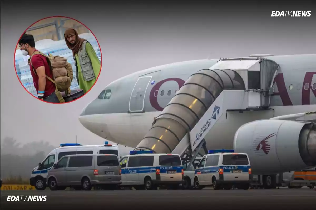Varios vehículos policiales están estacionados junto a un avión de Qatar Airways en un aeropuerto, mientras en un recuadro se observa a dos hombres, uno con mochila y mascarilla y otro con vestimenta tradicional, caminando junto a paquetes de agua embotellada.