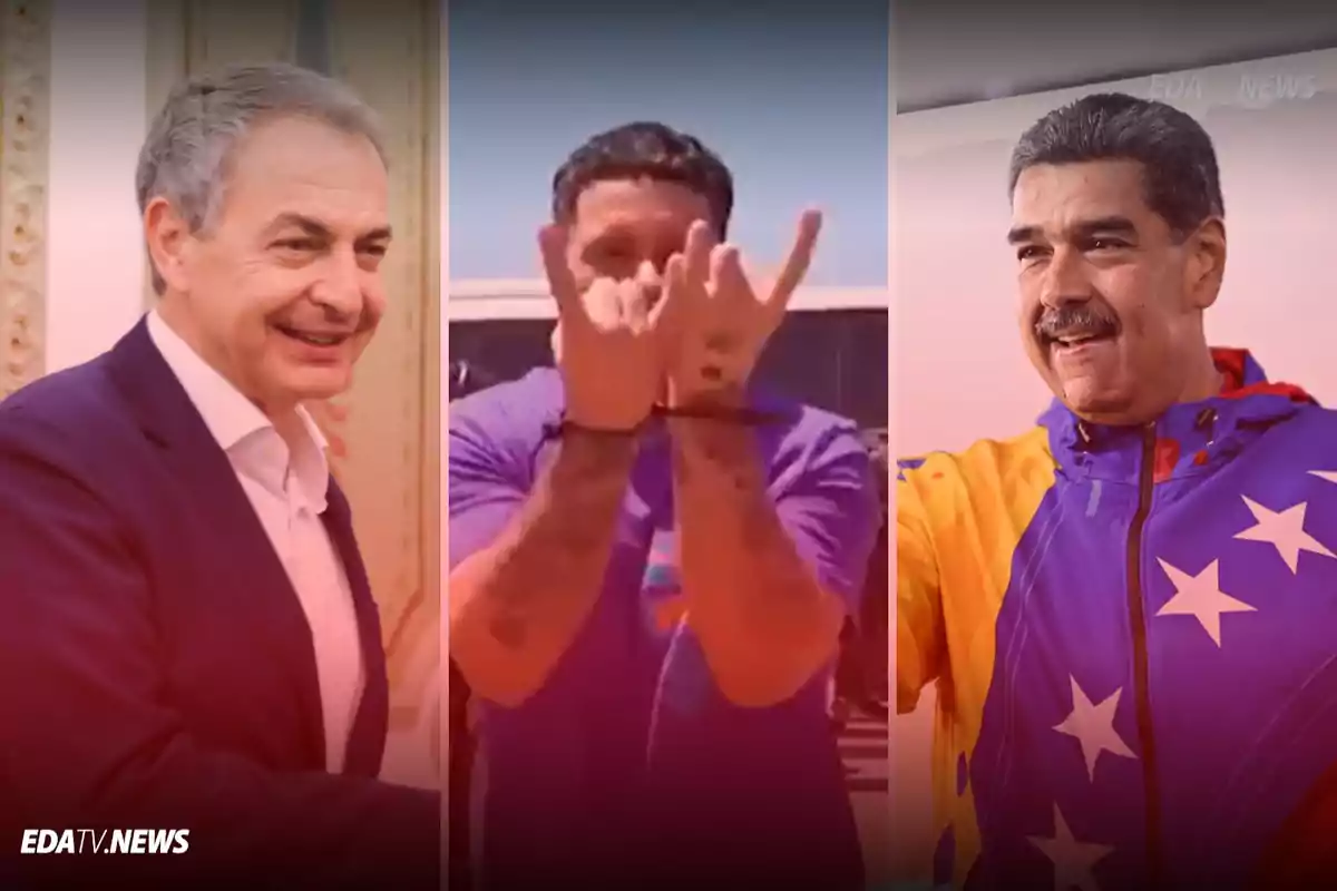 Tres hombres en diferentes escenarios, uno de ellos esposado en el centro, los otros dos sonríen a los lados