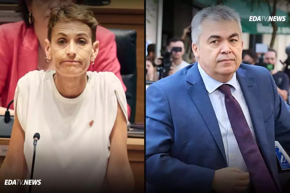 Dos personas en imágenes separadas, una mujer con expresión seria en un entorno institucional y un hombre con traje en un ambiente exterior rodeado de cámaras y periodistas