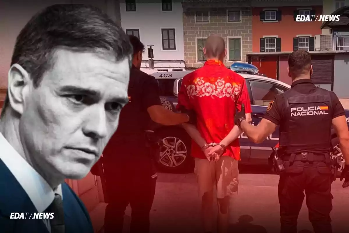 Primer plano en blanco y negro de un hombre con expresión seria al lado de una escena donde la policía nacional escolta a una persona esposada frente a un coche patrulla