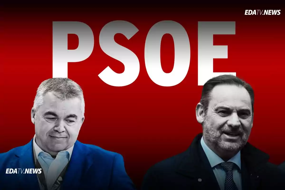 Dos hombres en primer plano con la palabra PSOE en grande sobre un fondo rojo y el logo de EDATV.NEWS en las esquinas.