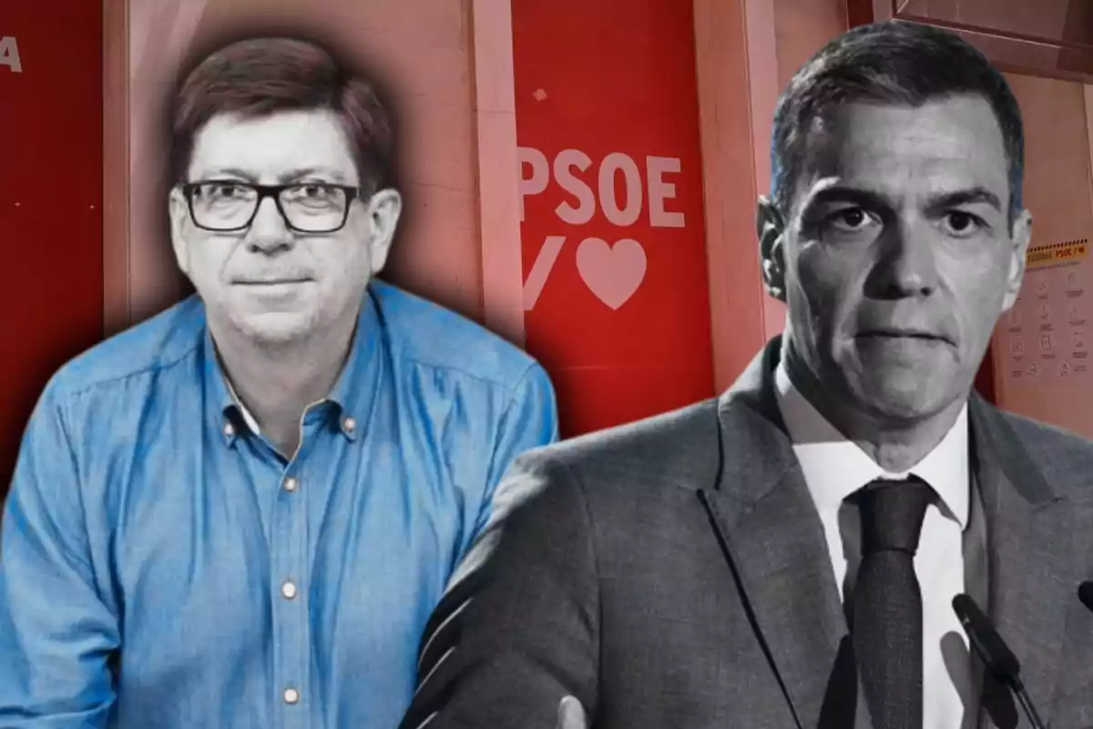Dos hombres en primer plano con fondo de carteles rojos del PSOE y un símbolo de corazón