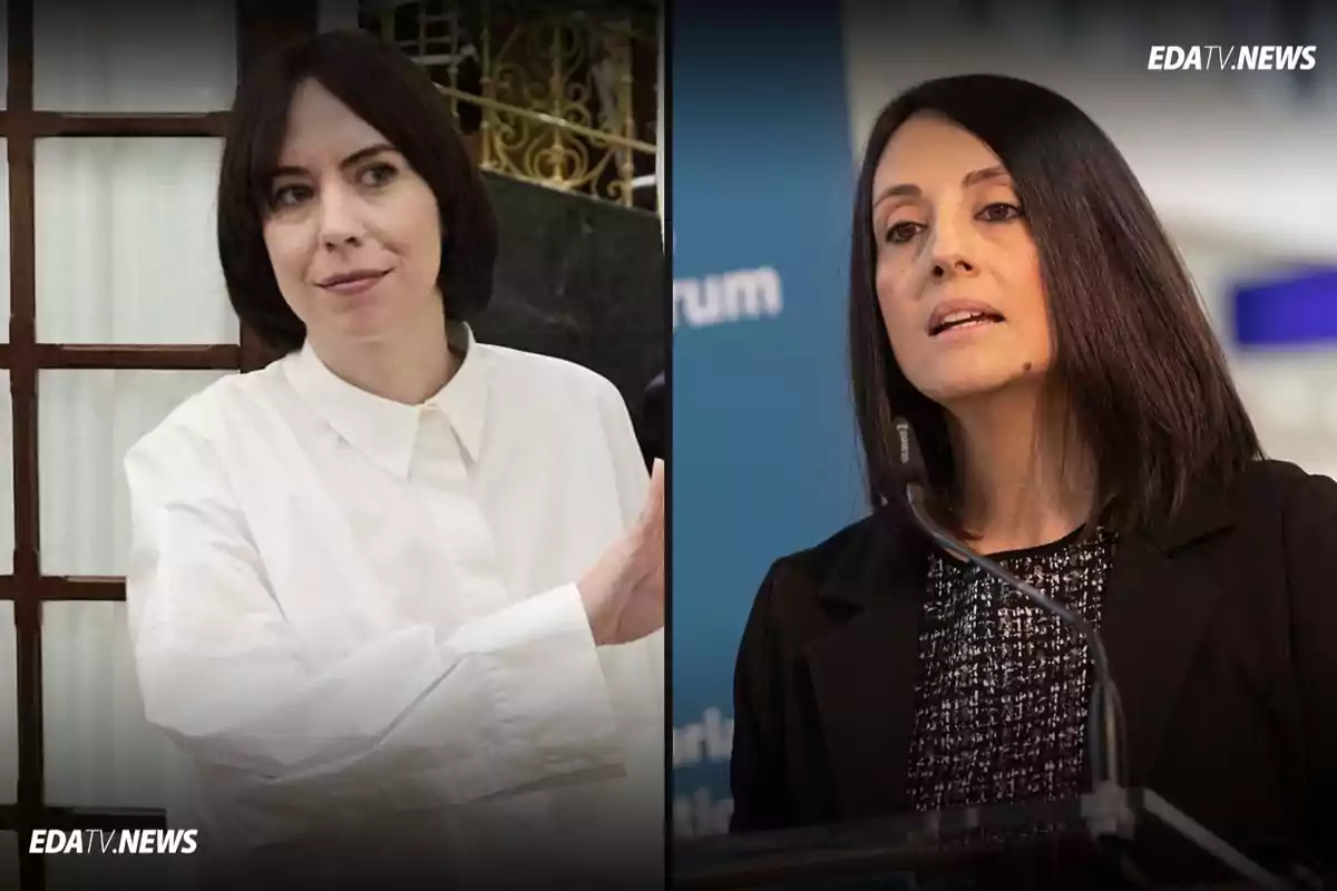Dos mujeres de cabello oscuro aparecen en una imagen dividida en dos partes una viste camisa blanca y la otra lleva un saco negro y habla frente a un micrófono