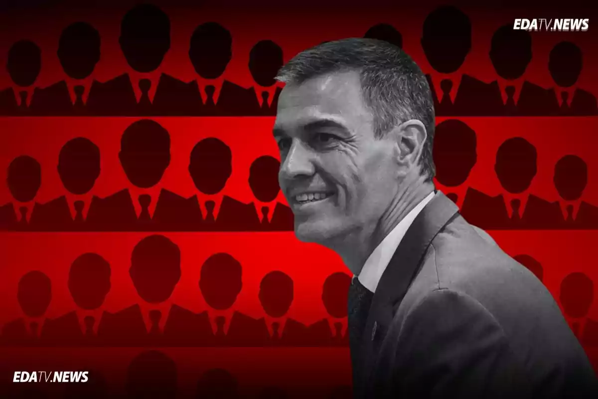 Hombre de traje sonriente en primer plano con fondo rojo y siluetas de personas en traje