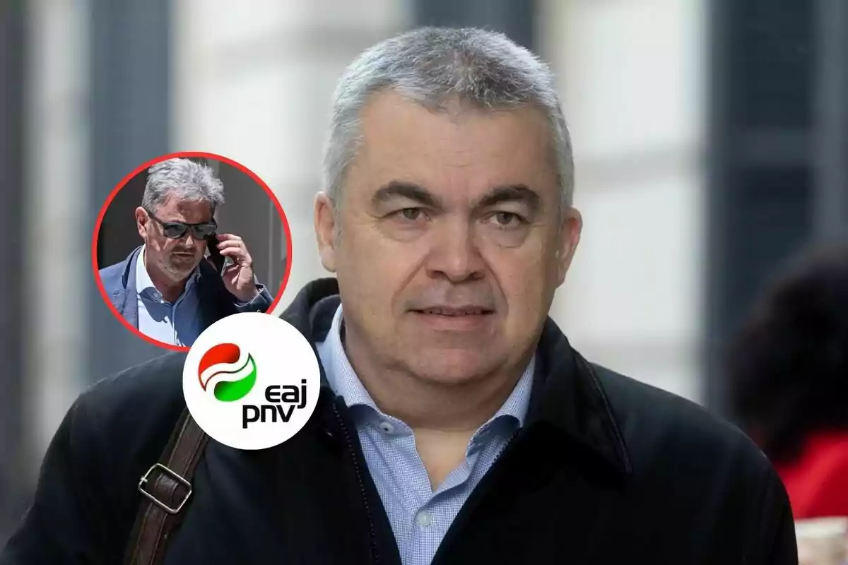 Hombre de cabello canoso con chaqueta oscura y camisa azul, al fondo un círculo rojo muestra a otro hombre con gafas de sol hablando por teléfono y en la esquina inferior izquierda aparece el logo del partido EAJ PNV