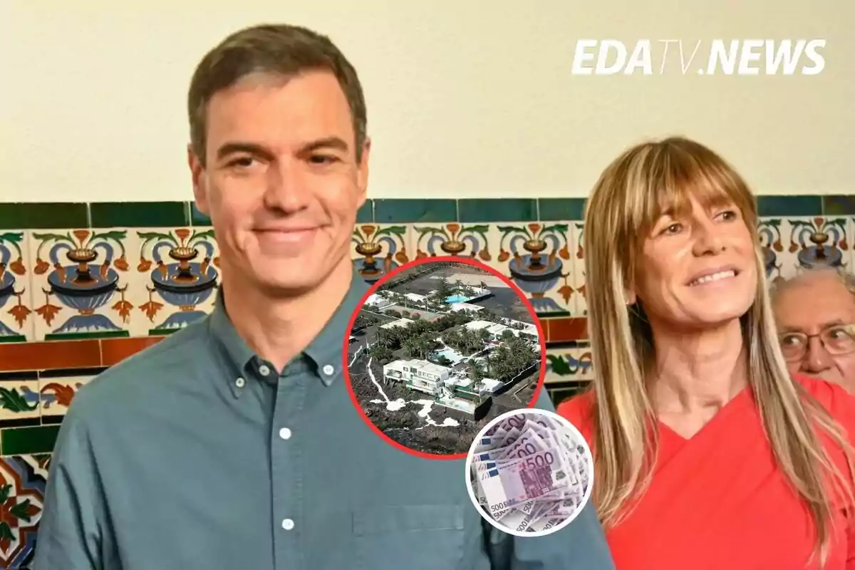 Un hombre y una mujer sonríen frente a una pared decorada con azulejos coloridos, en la esquina superior derecha aparece el logo de un medio de noticias y sobre la imagen hay dos círculos con una foto aérea de una casa y varios billetes de 500 euros.