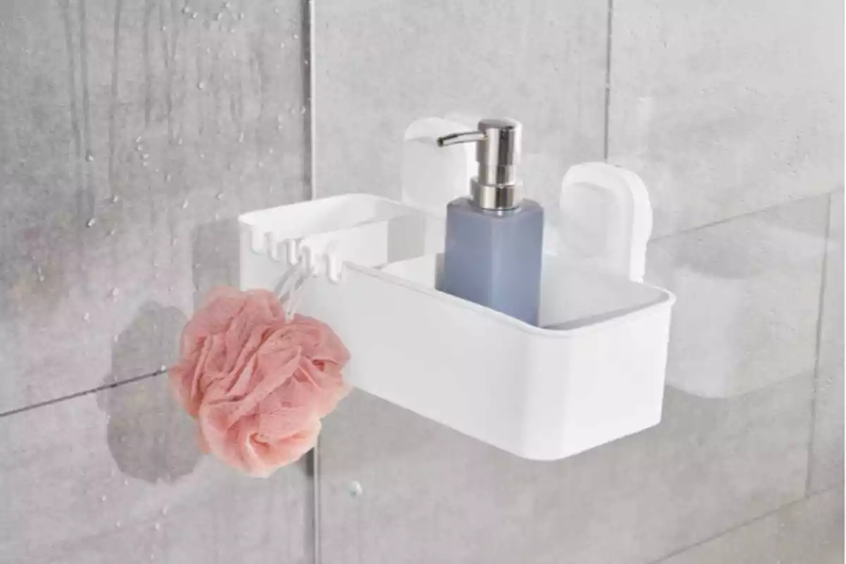 Organizador blanco de baño adherido a una pared de vidrio con una esponja de baño rosa colgada y un dispensador de jabón líquido azul Organizador blanco de baño adherido a una pared de vidrio con una esponja de baño rosa colgada y un dispensador de jabón líquido azul