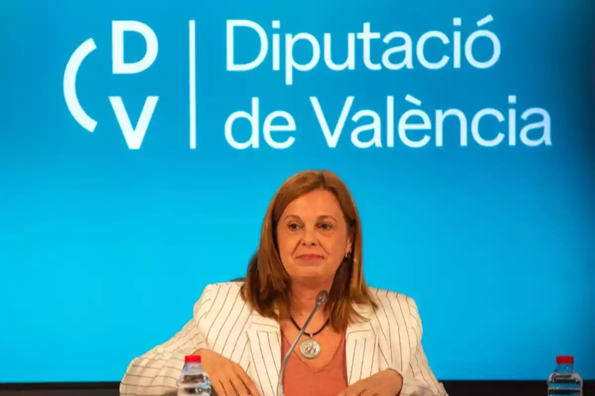 Mujer sentada frente a un micrófono con fondo azul que muestra el logotipo y nombre de la Diputación de Valencia Mujer sentada frente a un micrófono con fondo azul que muestra el logotipo y nombre de la Diputación de Valencia