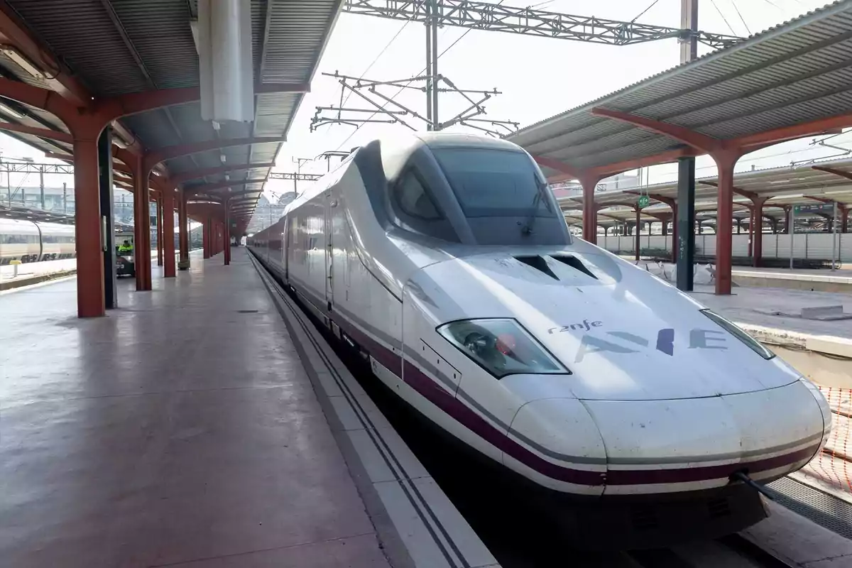 Tren de alta velocidad AVE estacionado en una plataforma de una estación moderna y techada