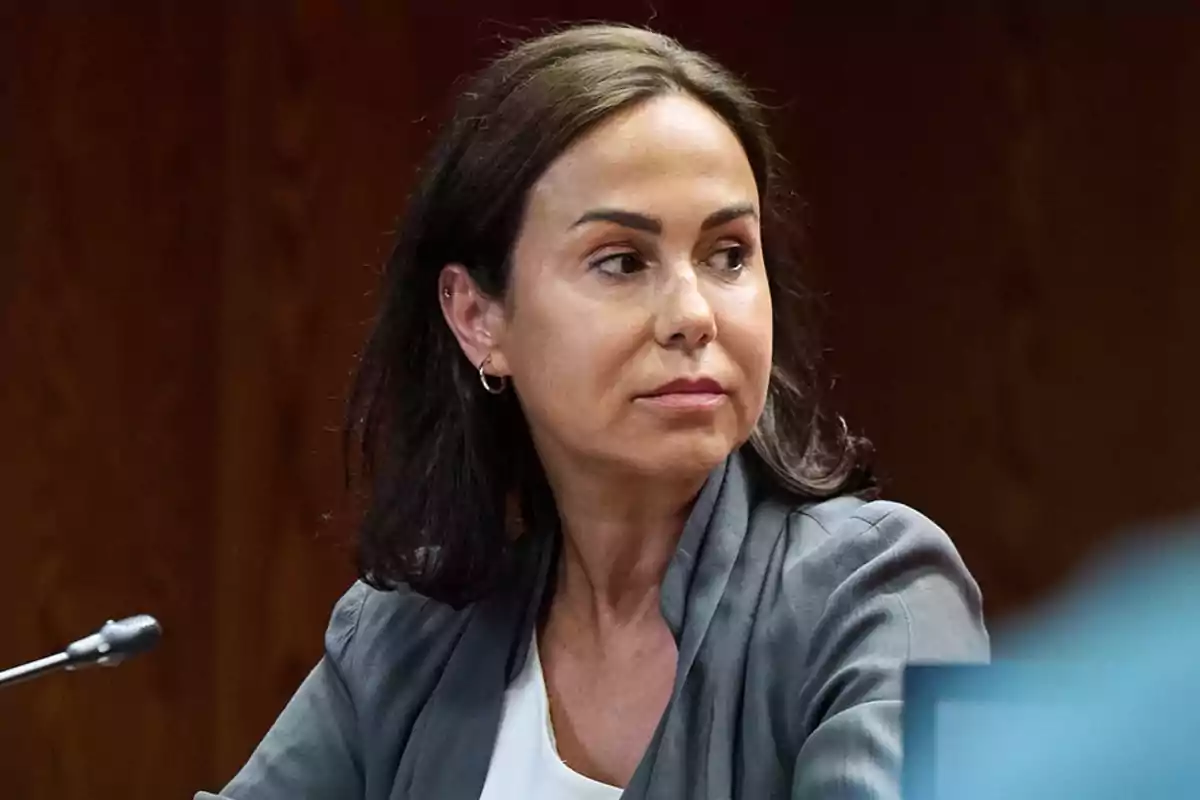 Mujer de cabello oscuro y lacio con expresión seria sentada en una mesa durante una reunión o conferencia Mujer de cabello oscuro y lacio con expresión seria sentada en una mesa durante una reunión o conferencia