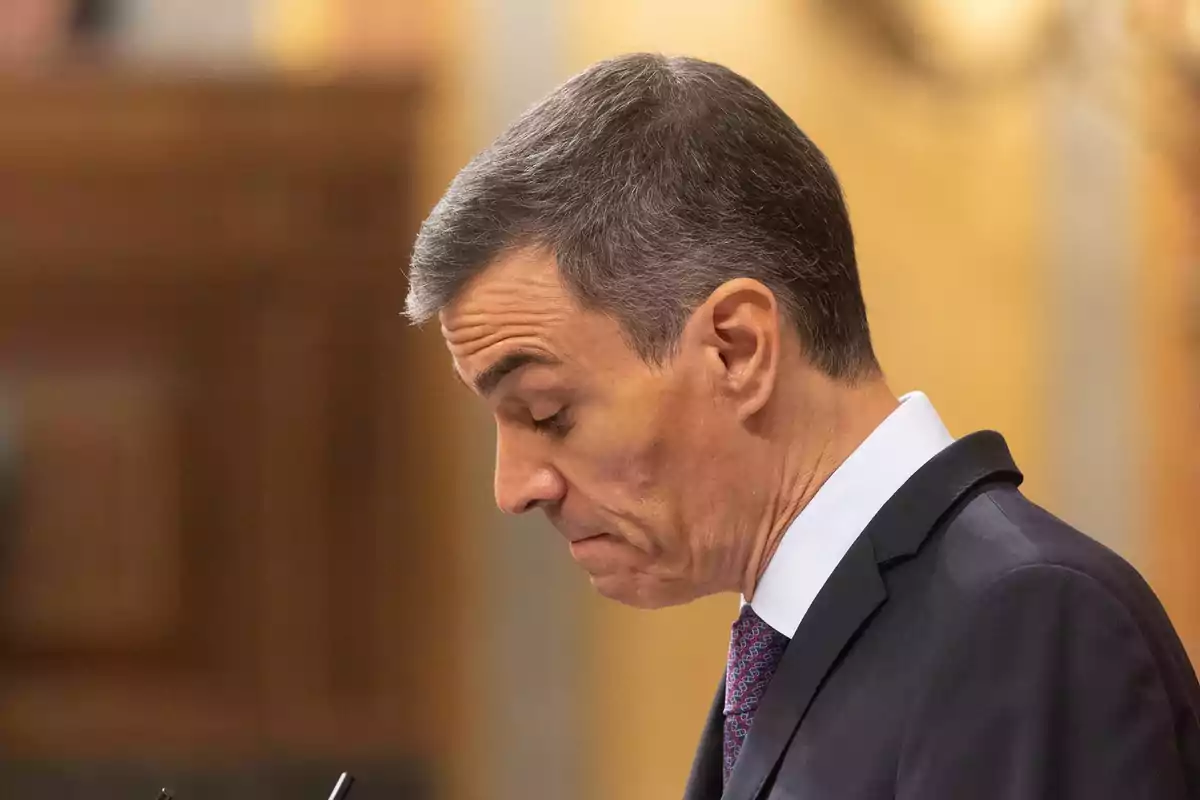 Hombre de cabello corto y canoso con traje oscuro y corbata, mirando hacia abajo con expresión seria en un entorno formal Hombre de cabello corto y canoso con traje oscuro y corbata, mirando hacia abajo con expresión seria en un entorno formal