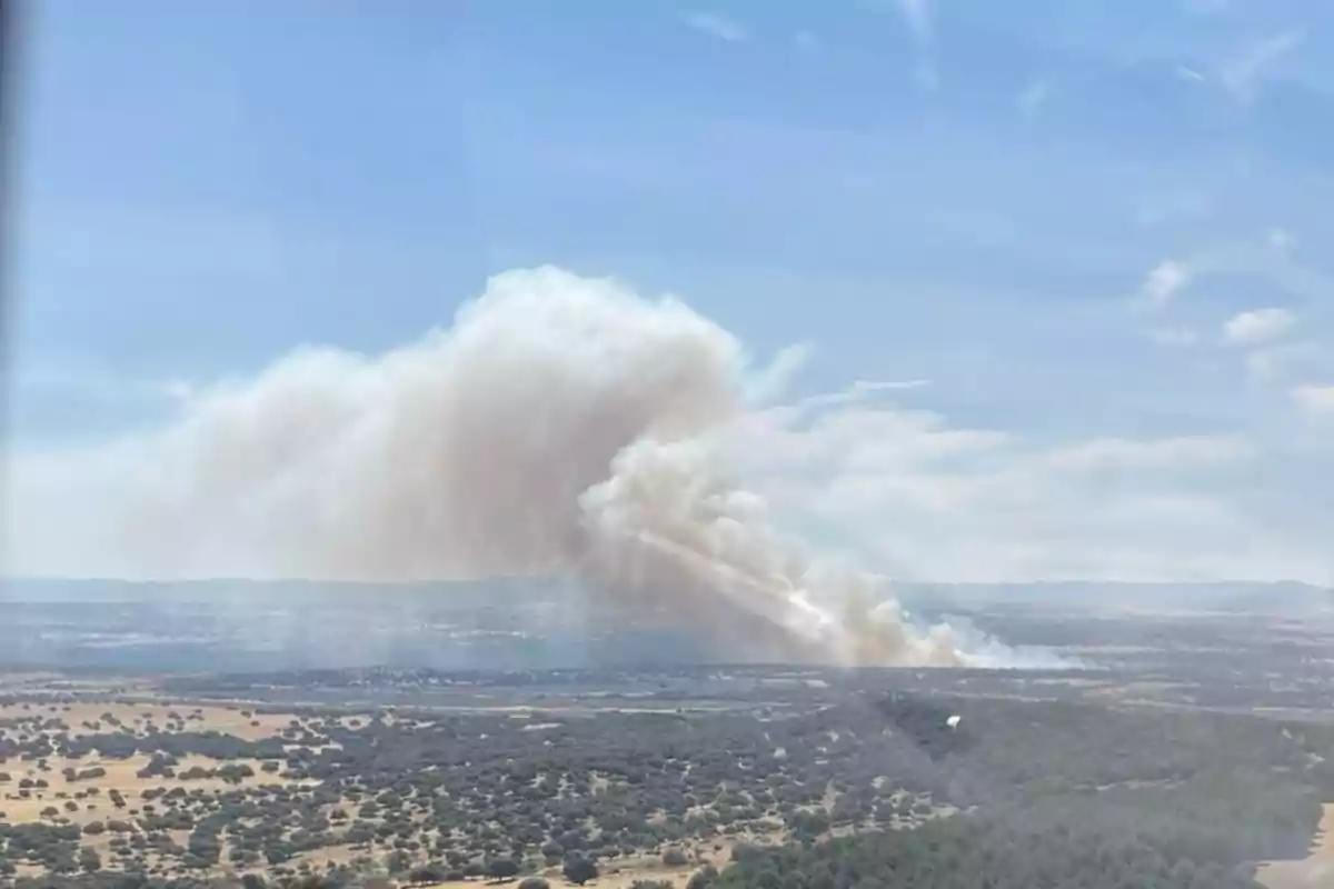Columna de humo blanco y denso se eleva desde un incendio forestal en una zona rural con vegetación y cielo despejado Columna de humo blanco y denso se eleva desde un incendio forestal en una zona rural con vegetación y cielo despejado