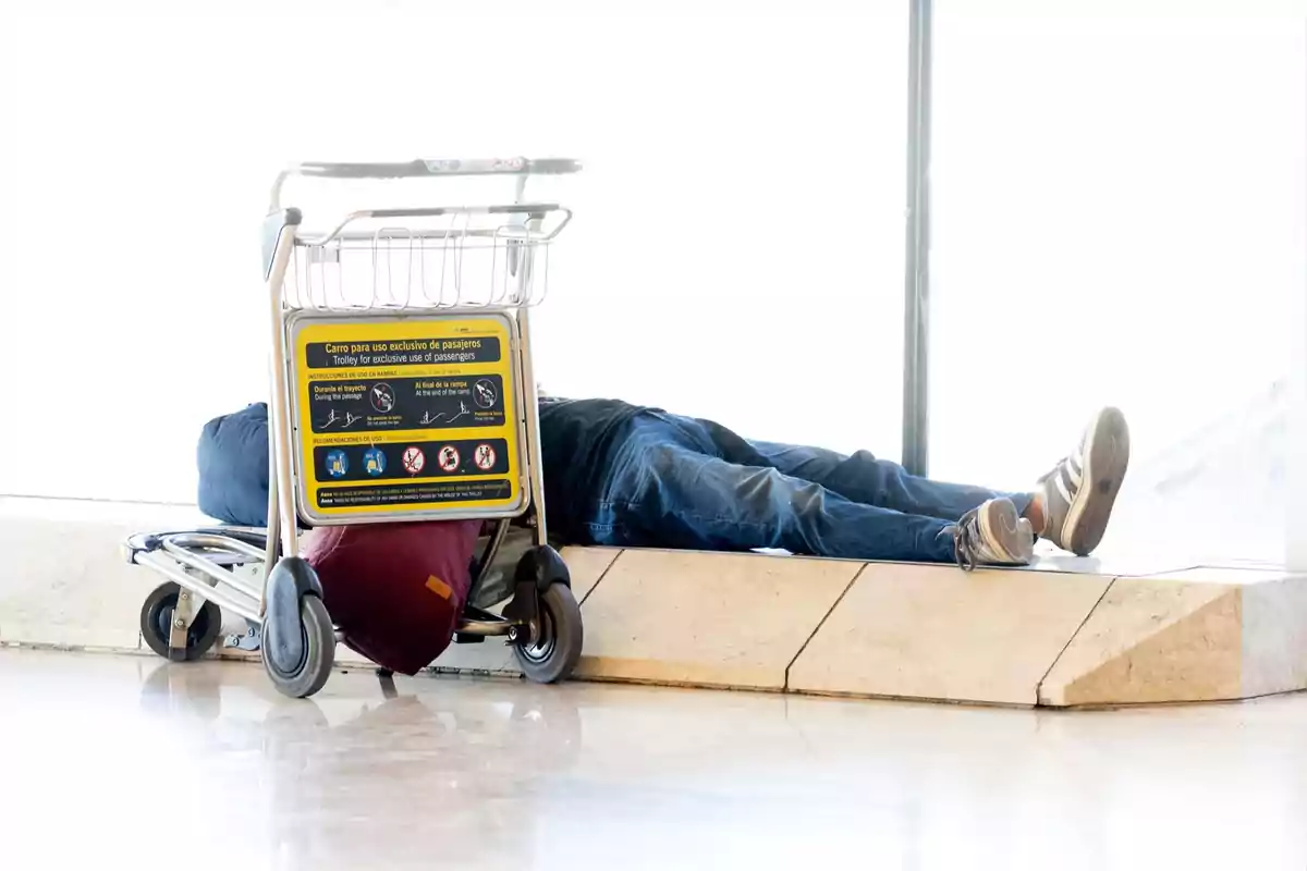 Persona acostada en el suelo de un aeropuerto junto a un carrito de equipaje y una maleta roja Persona acostada en el suelo de un aeropuerto junto a un carrito de equipaje y una maleta roja