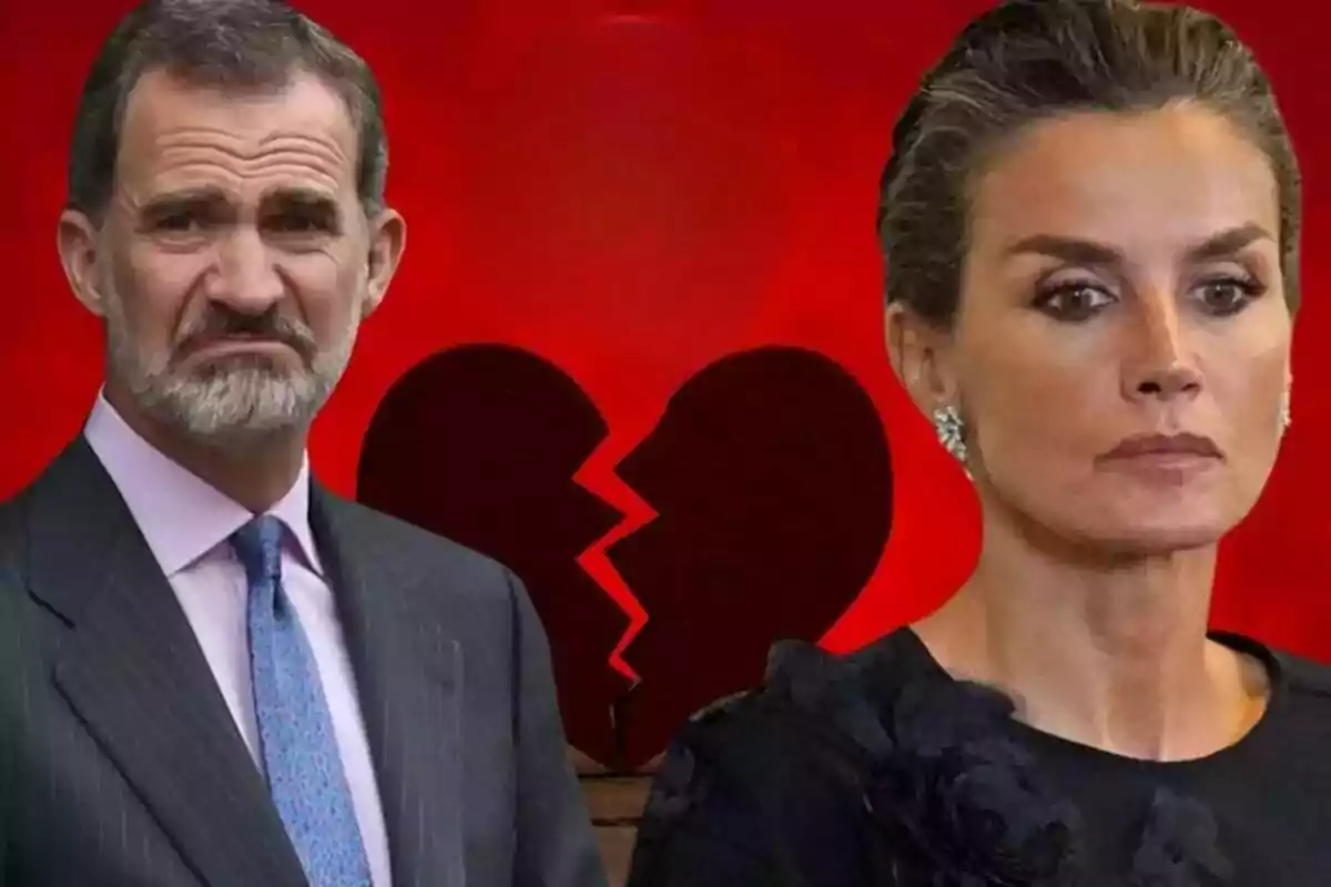 Hombre y mujer con expresiones serias frente a un fondo rojo con un corazón roto en el centro