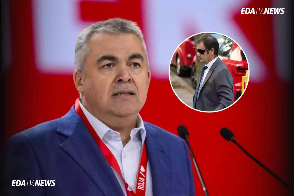 Hombre de cabello canoso hablando frente a micrófonos con fondo rojo y un recuadro mostrando a otro hombre con gafas de sol y traje en la esquina superior derecha
