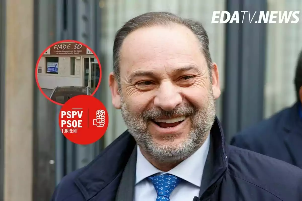 Hombre de mediana edad sonriente con barba y traje, al fondo un círculo rojo con el logo del PSPV PSOE Torrent y un recuadro con la imagen de una fachada, en la esquina superior derecha el texto EDATV.NEWS