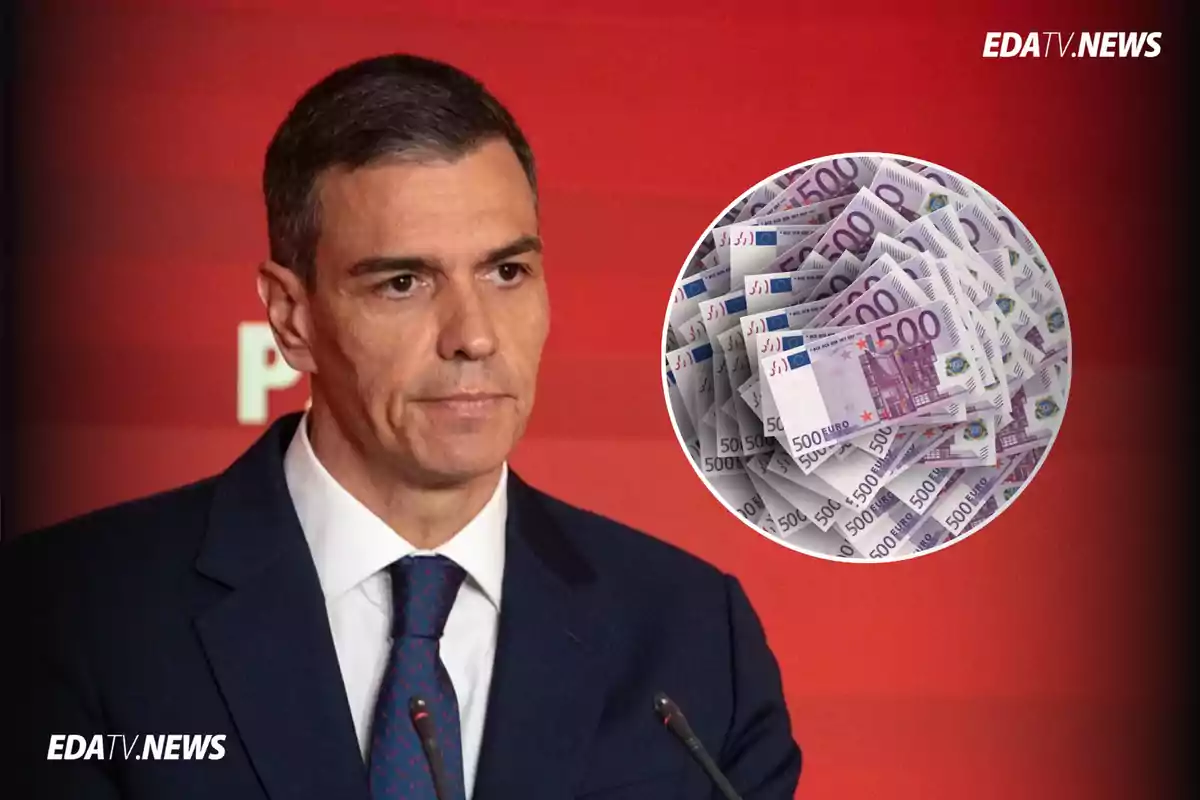 Hombre con expresión seria frente a fondo rojo y un círculo con billetes de 500 euros