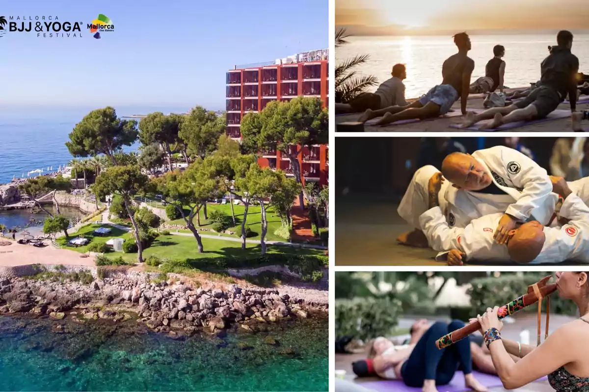 Vista aérea de un resort junto al mar rodeado de árboles y jardines, acompañada de tres imágenes más pequeñas que muestran personas practicando yoga al atardecer, una clase de jiu-jitsu y una mujer tocando una flauta mientras otros hacen yoga en el césped.