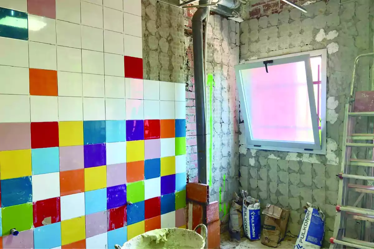Cuarto en remodelación con pared parcialmente cubierta de azulejos de colores y ventana abierta Cuarto en remodelación con pared parcialmente cubierta de azulejos de colores y ventana abierta