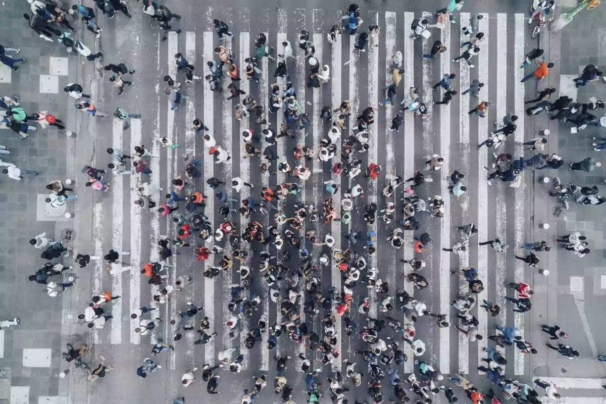 Vista aérea de una gran cantidad de personas cruzando una calle en un paso peatonal