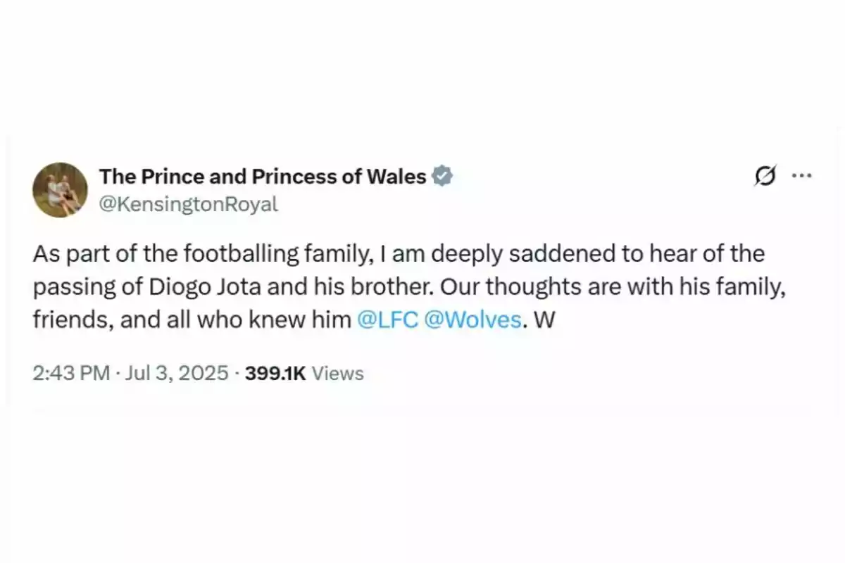 Screenshot of a tweet from the account The Prince and Princess of Wales expressing their condolences for the passing of Diogo Jota and his brother, mentioning the clubs LFC and Wolves and sending thoughts to their family and friends. Screenshot of a tweet from the account The Prince and Princess of Wales expressing their condolences for the passing of Diogo Jota and his brother, mentioning the clubs LFC and Wolves and sending thoughts to their family and friends.