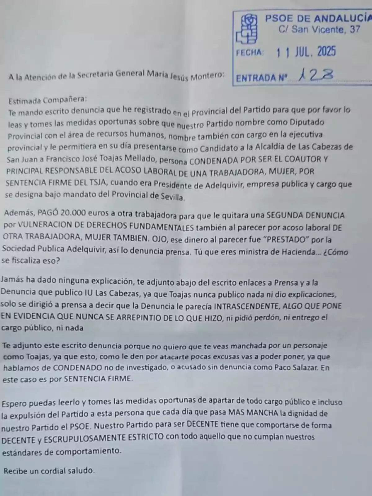 Carta dirigida a la Secretaría General del PSOE de Andalucía denunciando la designación de una persona condenada por acoso laboral en cargos públicos y solicitando medidas para apartarlo del partido Carta dirigida a la Secretaría General del PSOE de Andalucía denunciando la designación de una persona condenada por acoso laboral en cargos públicos y solicitando medidas para apartarlo del partido
